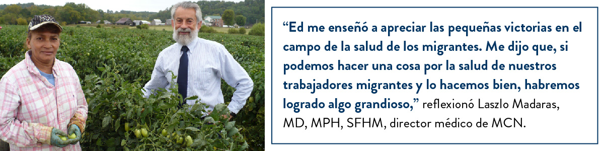 Photo of Ed in agricultural field with worker next to quote from Laszlo Madaras 