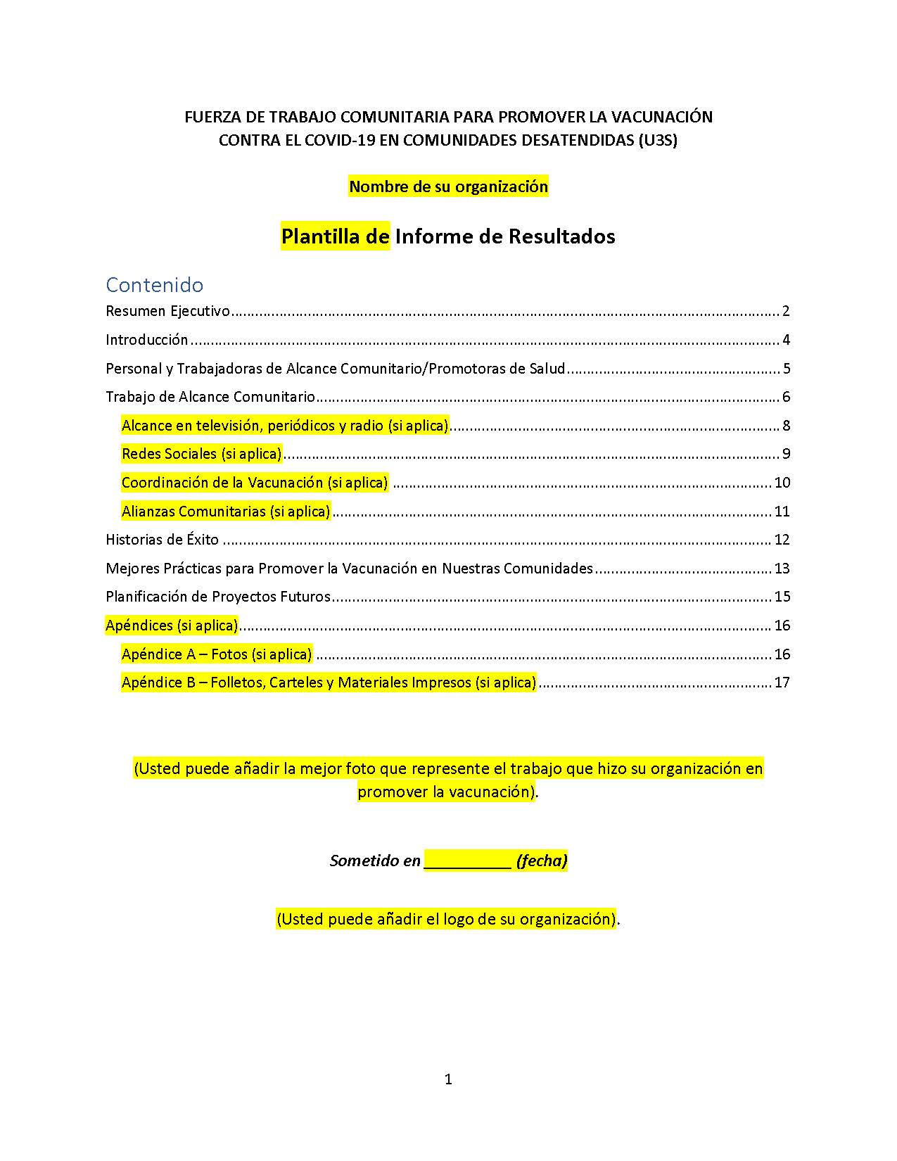 Campaña de Concientización sobre las Vacunas contra COVID-19 | Plantilla de Informe de Resultados 