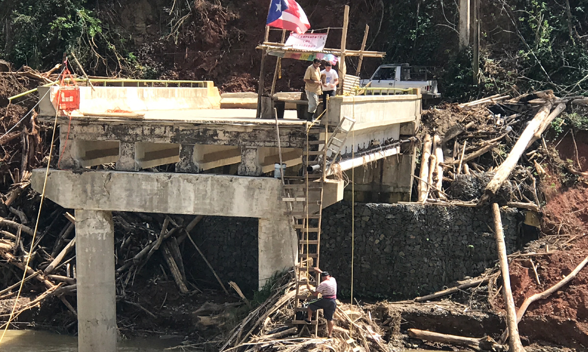 A bridge in Puerto Rico destroyed by Hurricane Maria