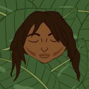 Child's face over bed of leaves - Illustration by Jessica Johnson