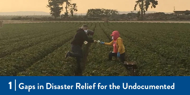 A farmworker hands another worker an N95 mask for the smoke