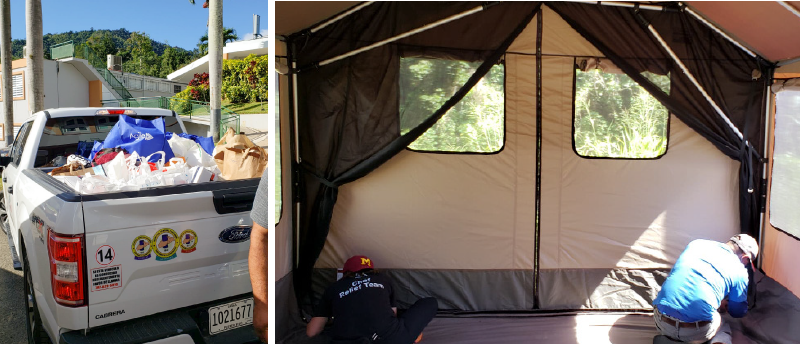 A truck loaded with supplies donated for those impacted by the earthquakes / Members of the relief team assemble a tent for those displaced